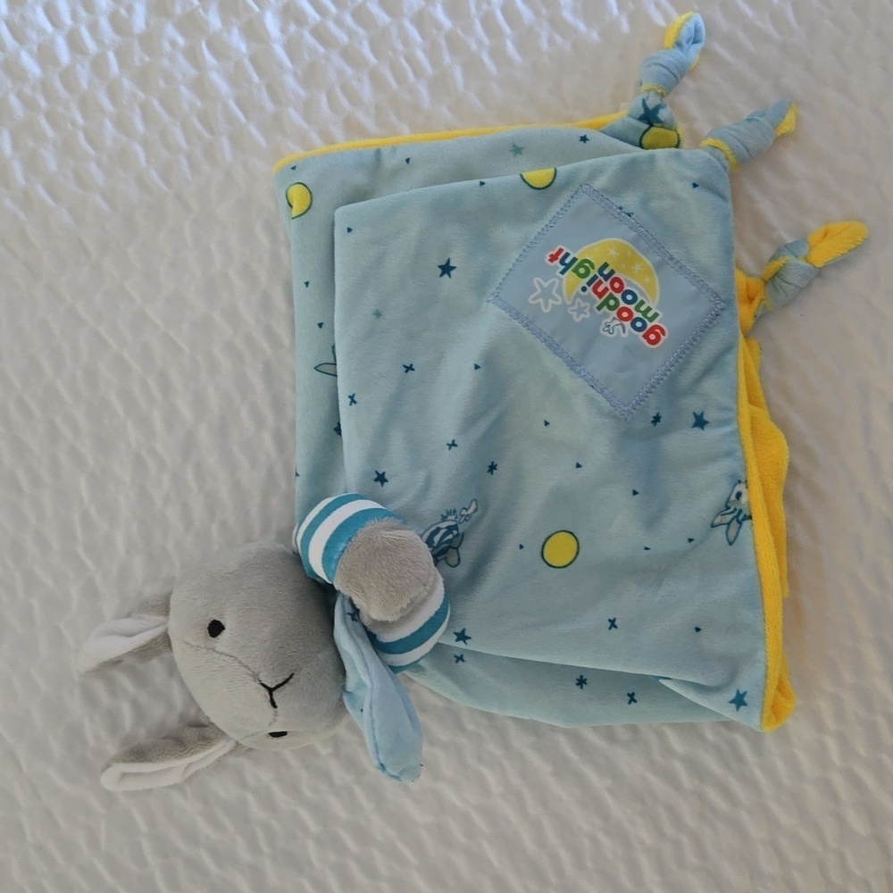 Goodnight Moon Blue Yellow Bunny Baby Blanket Lovey Soother Tie Knot Corners
